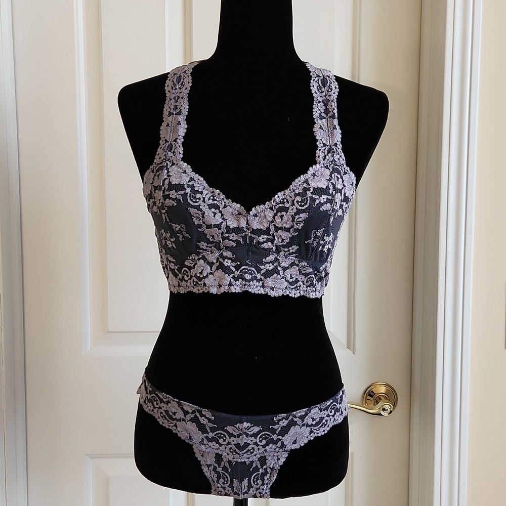 INTIMATELY by FREE PEOPLE Bralette Thong Set in Silver Gray Floral Lace  Sz M/L